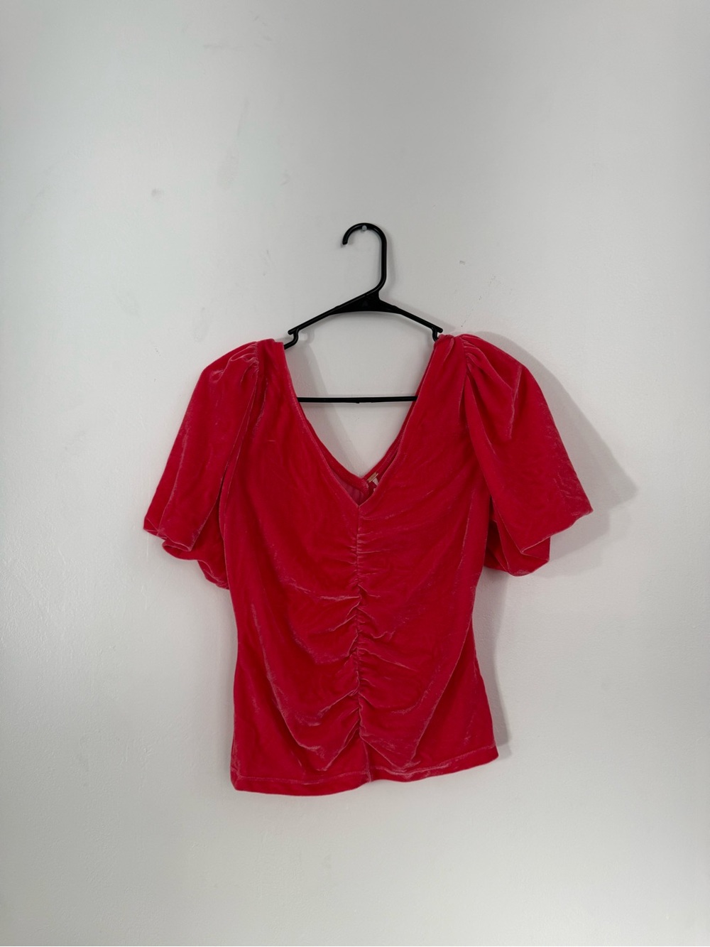 Free People Crimson Velvet Ruched V-Neck Puff Sleeve Top